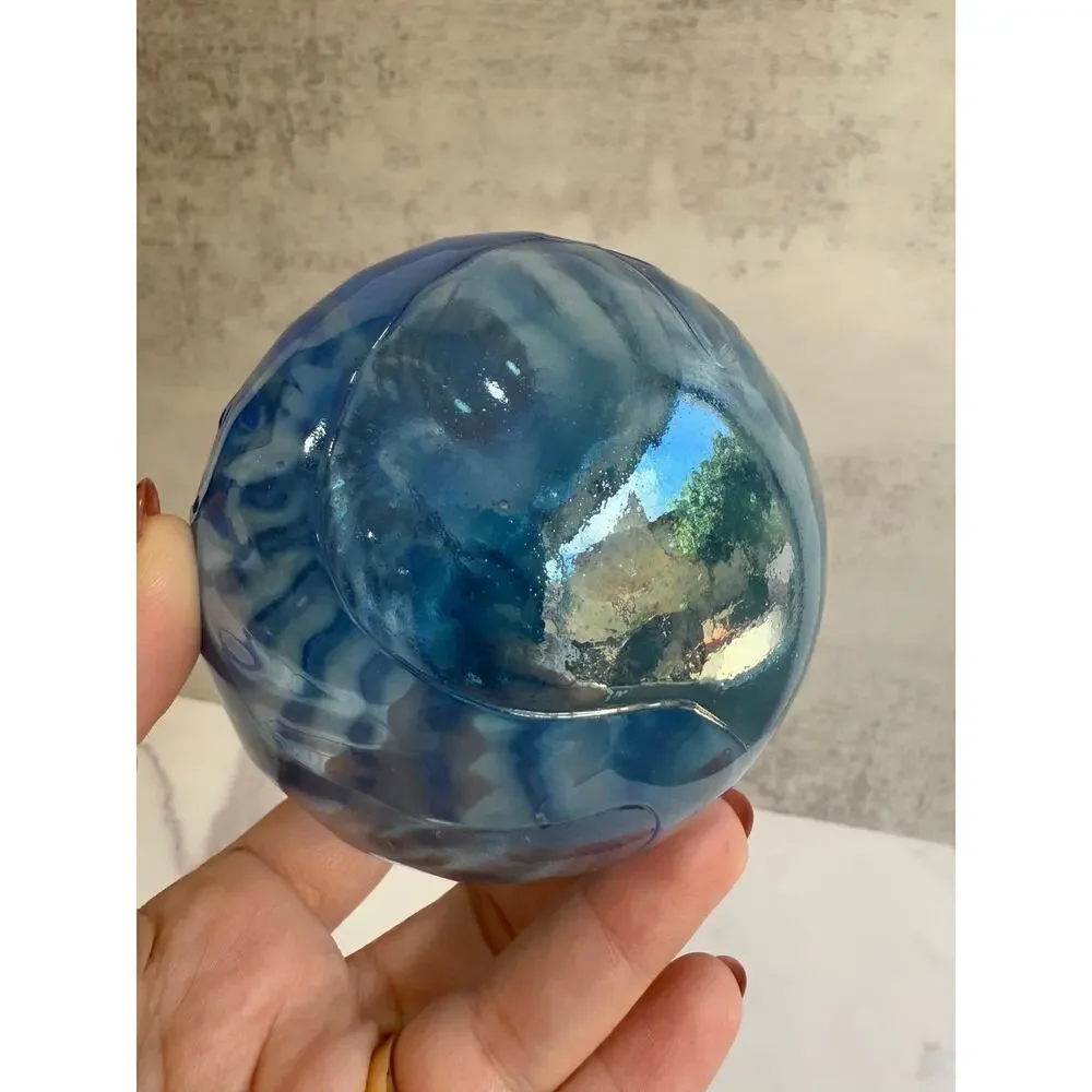 Blue & White Slag Studio Art Glass Ornament | Hand Blown Glass Orb | Swirled